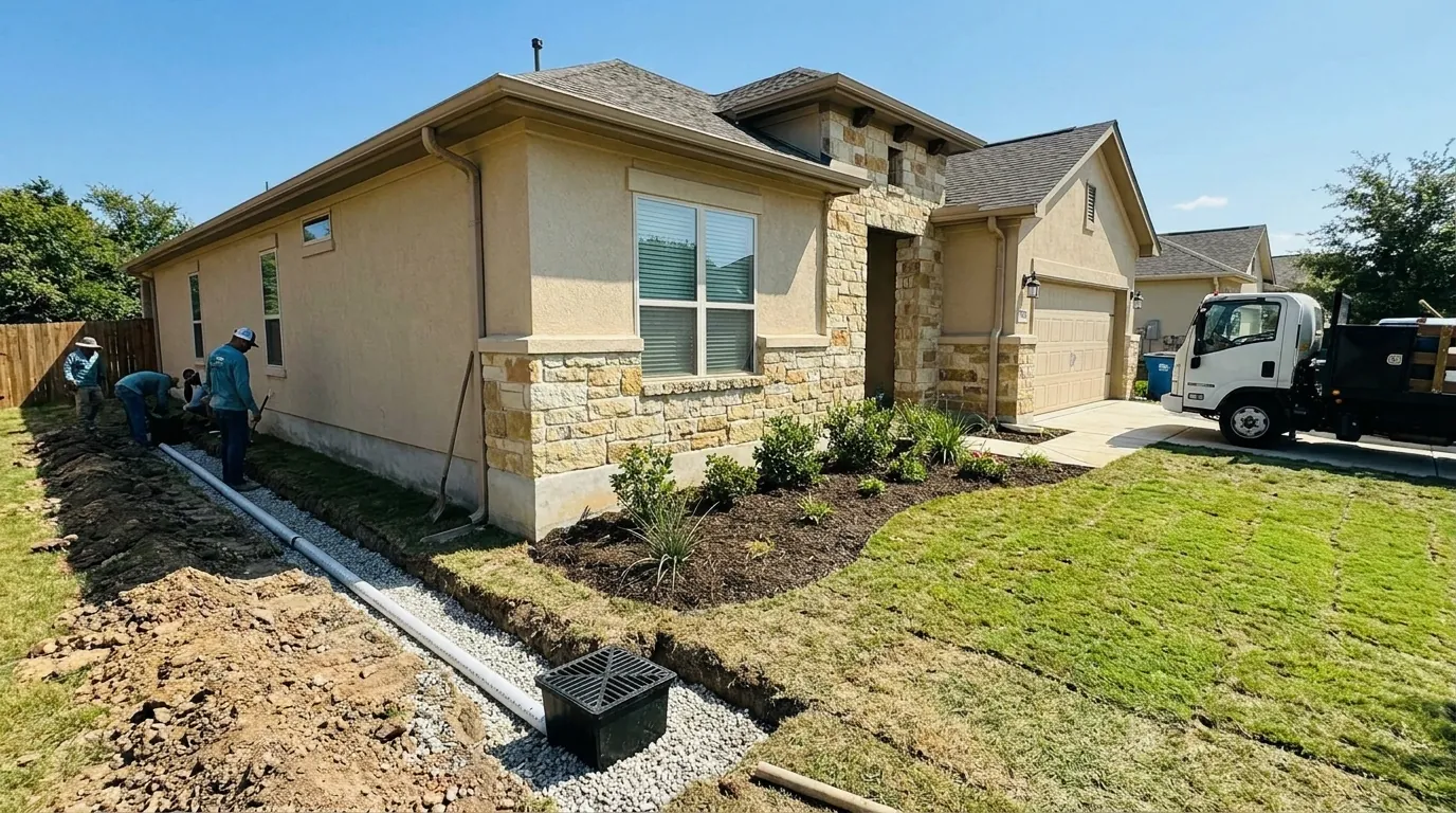 Drainage correction work beside a New Braunfels home