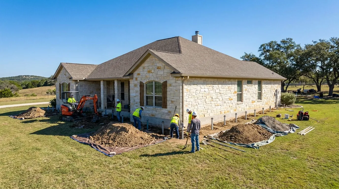 Foundation repair in progress on a New Braunfels home